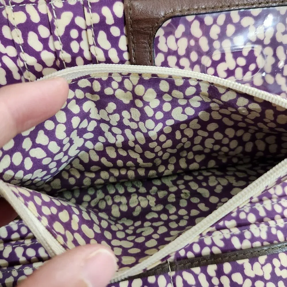 Fossil Key-Per Wallet Coated Canvas Leather Trim Bird Print Zip Around Clutch